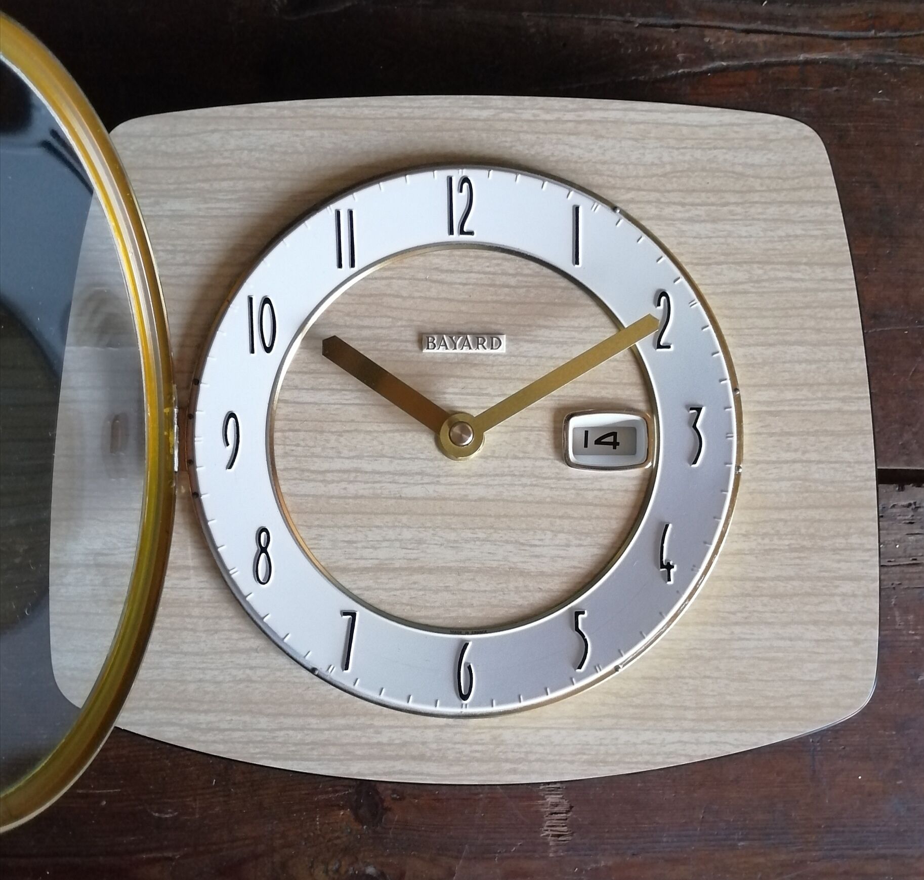 Vintage clock formica silent rectangular wall clock "bayard beige wood"