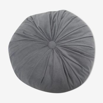 Coussin rond épais froncé trés doux velours fin  bleu pétrole /reflets gris