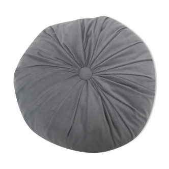 Coussin rond épais froncé trés doux velours fin  bleu pétrole /reflets gris