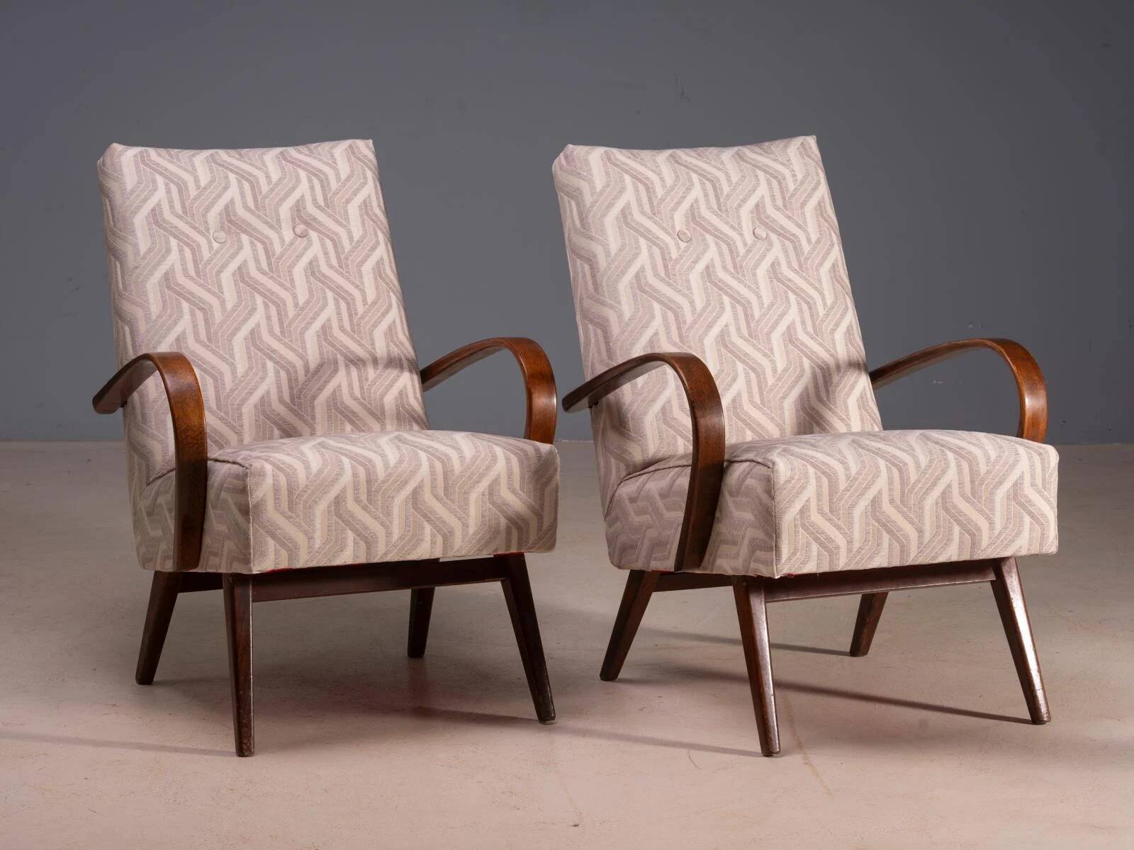 Restored bentwood armchairs by Jaroslav Šmídek, pair, Czechoslovakia, new beige patterned upholstery, 61 × 82 × 81 cm