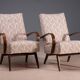 Restored bentwood armchairs by Jaroslav Šmídek, pair, Czechoslovakia, new beige patterned upholstery, 61 × 82 × 81 cm