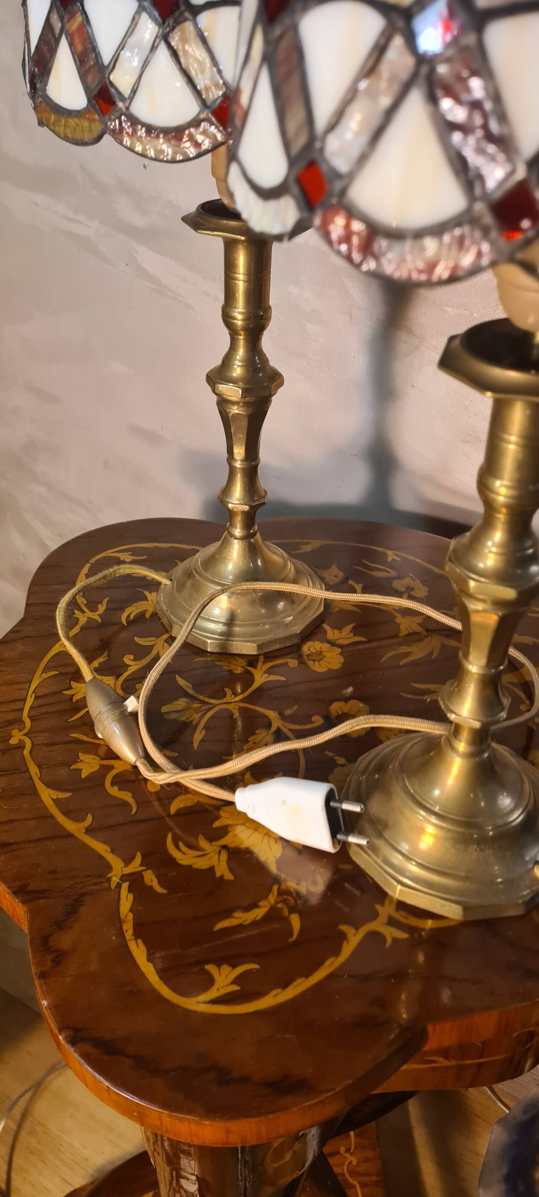 set of antique brass lamps with handmade stained glass, style