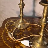 set of antique brass lamps with handmade stained glass, style