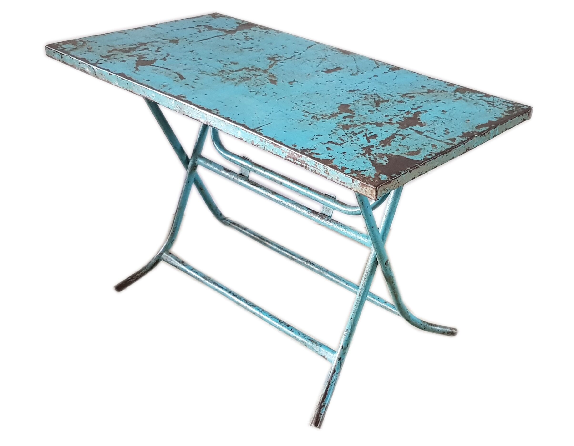 Old metal folding table with its original turquoise patina