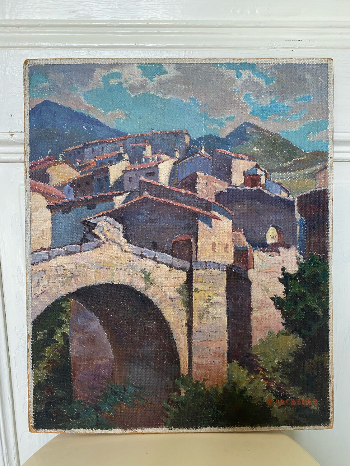 Painting signed sunny village soft colors
