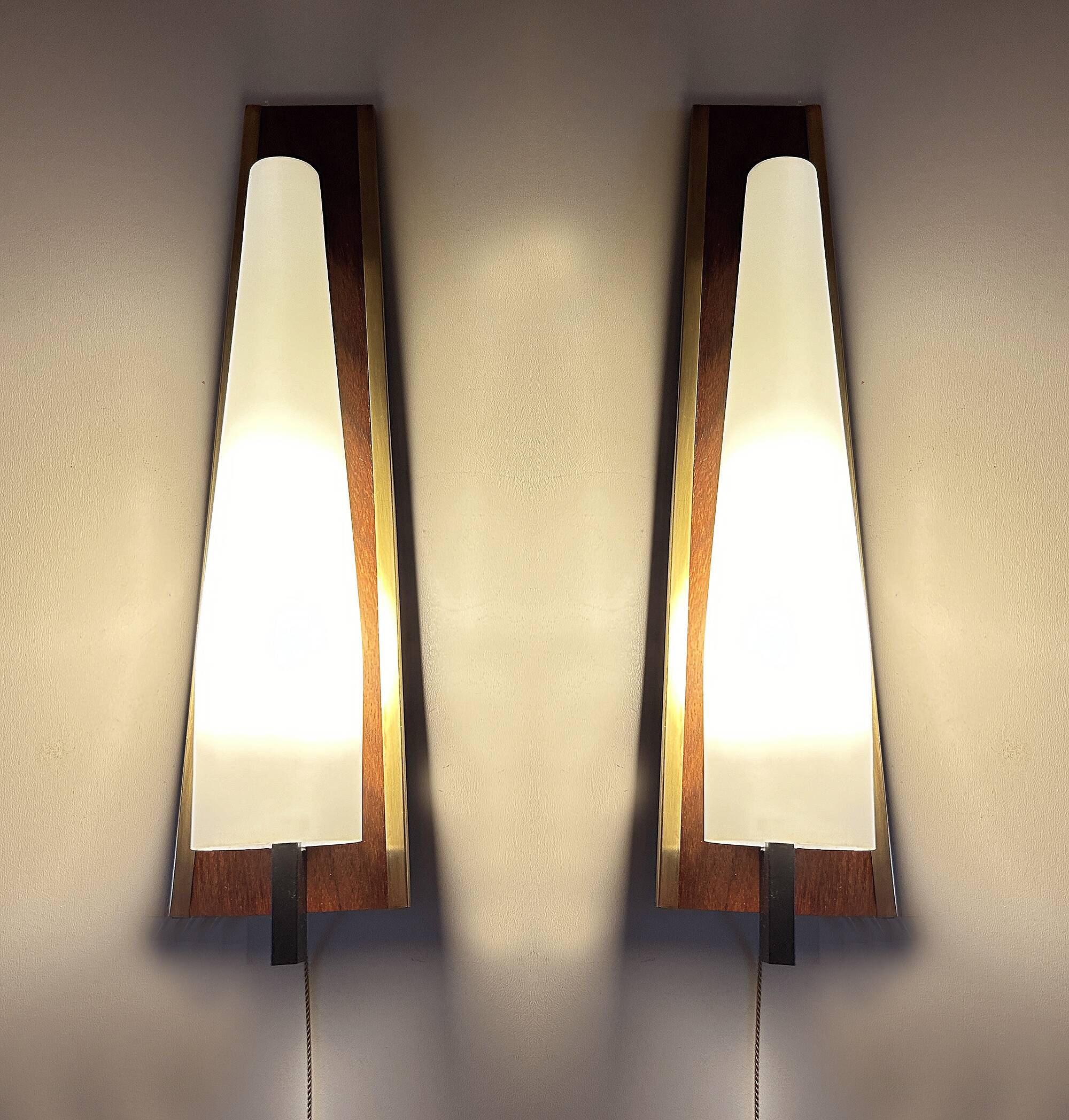 Pair of Large Scandinavian Teak Glass Wall Lights