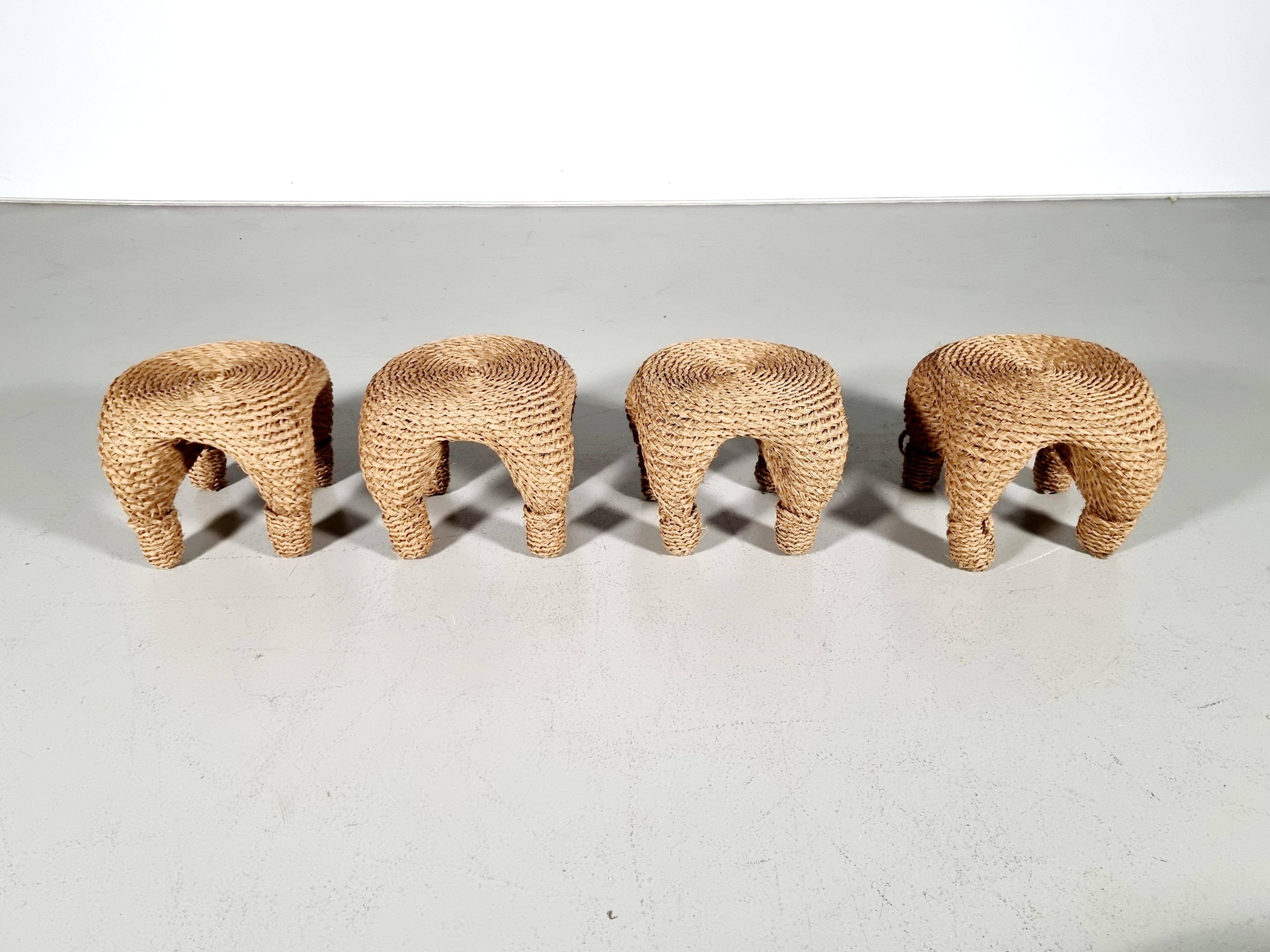 Wicker and pine needle table and stools, France, 1980s