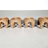 Wicker and pine needle table and stools, France, 1980s