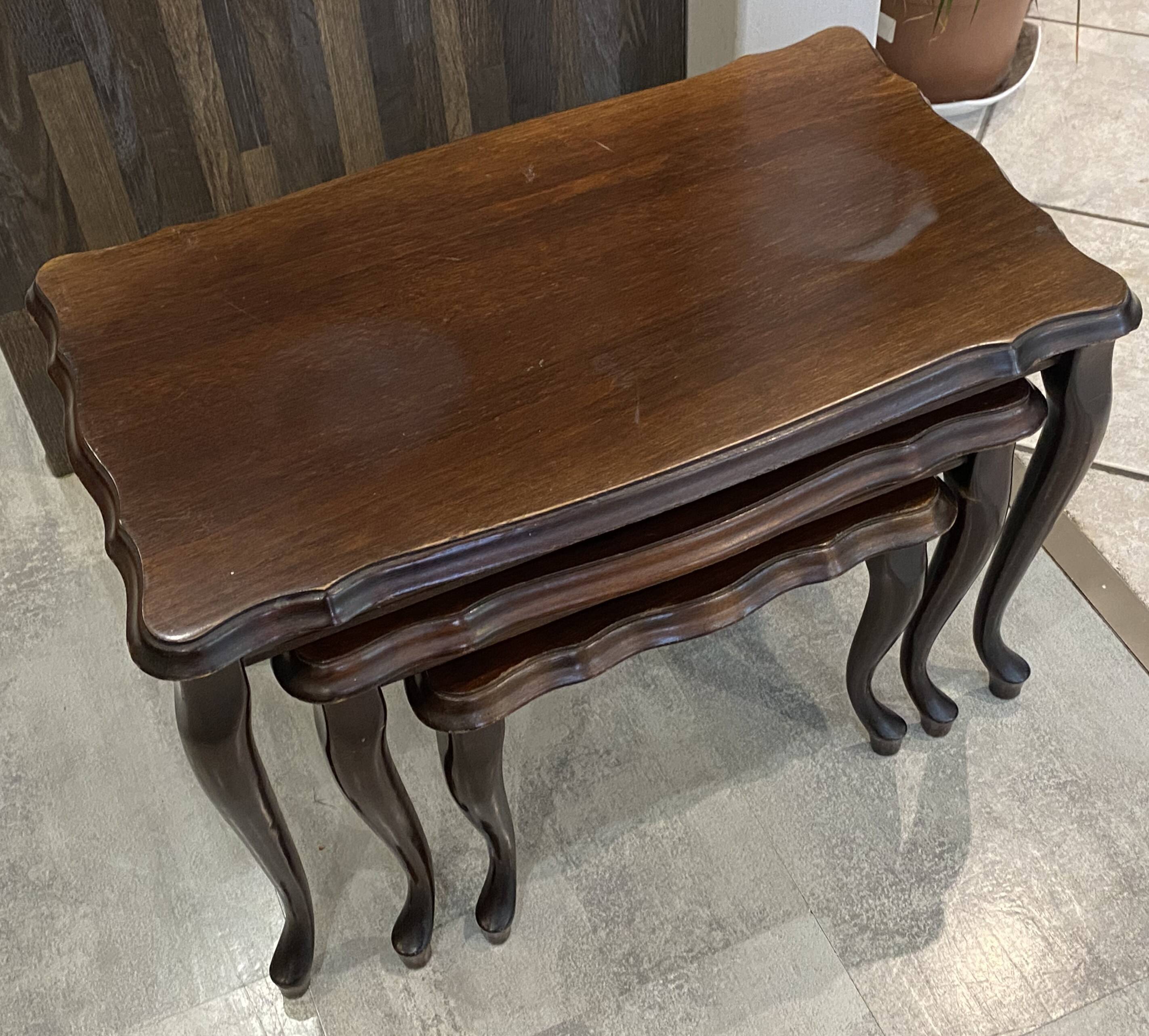 Set of 3 rustic nesting coffee tables in Louis XV style from 1950.