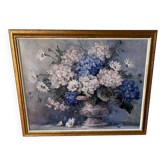 Grand tableau hortensias avec cadre en bois doré