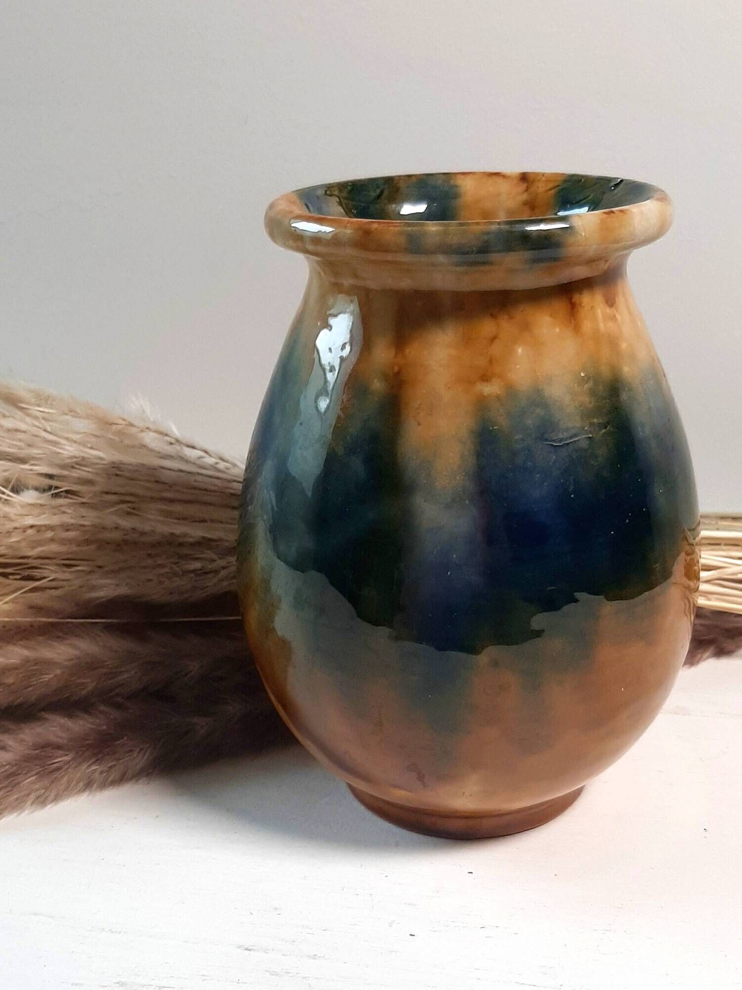 Aetgina vase Vallauris vintage in ochre and blue glazed ceramic.