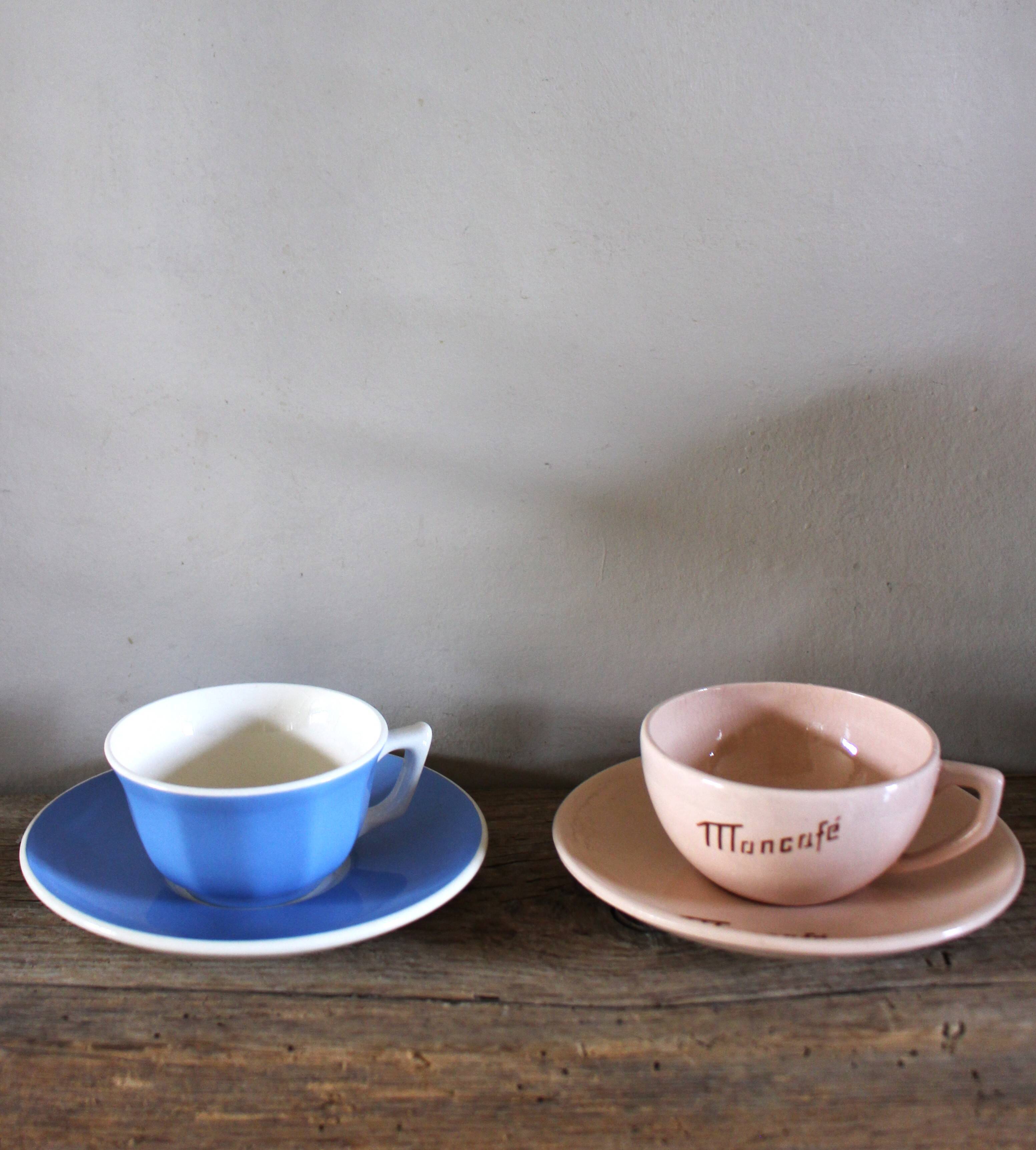 2 coffee cups and saucers pink Digoin Sarreguemines blue Villeroy Boch