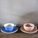 2 coffee cups and saucers pink Digoin Sarreguemines blue Villeroy Boch