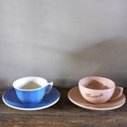 2 coffee cups and saucers pink Digoin Sarreguemines blue Villeroy Boch