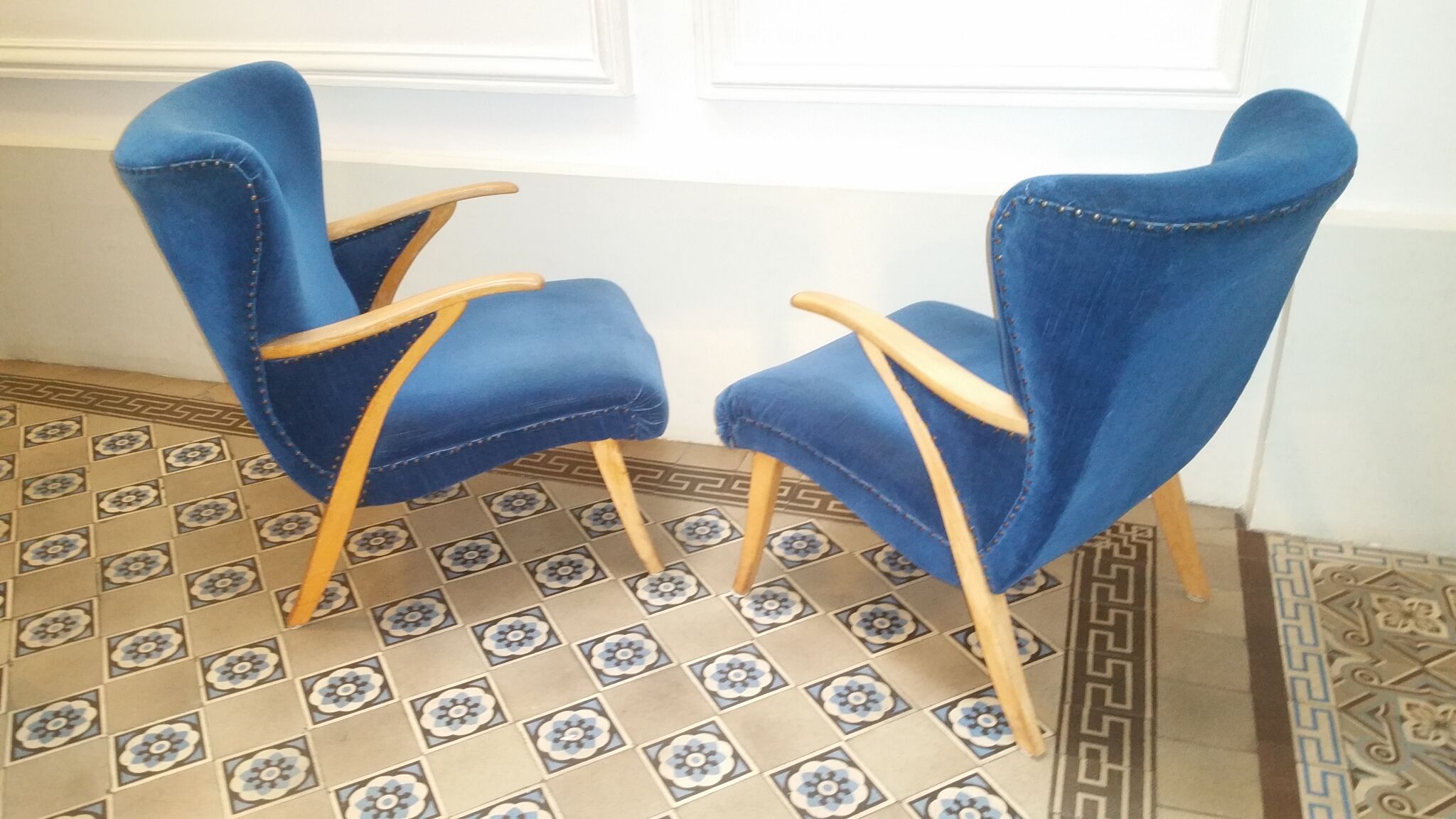 Pair of chairs Scandinavian wing stripes cocktail years 50 Blue