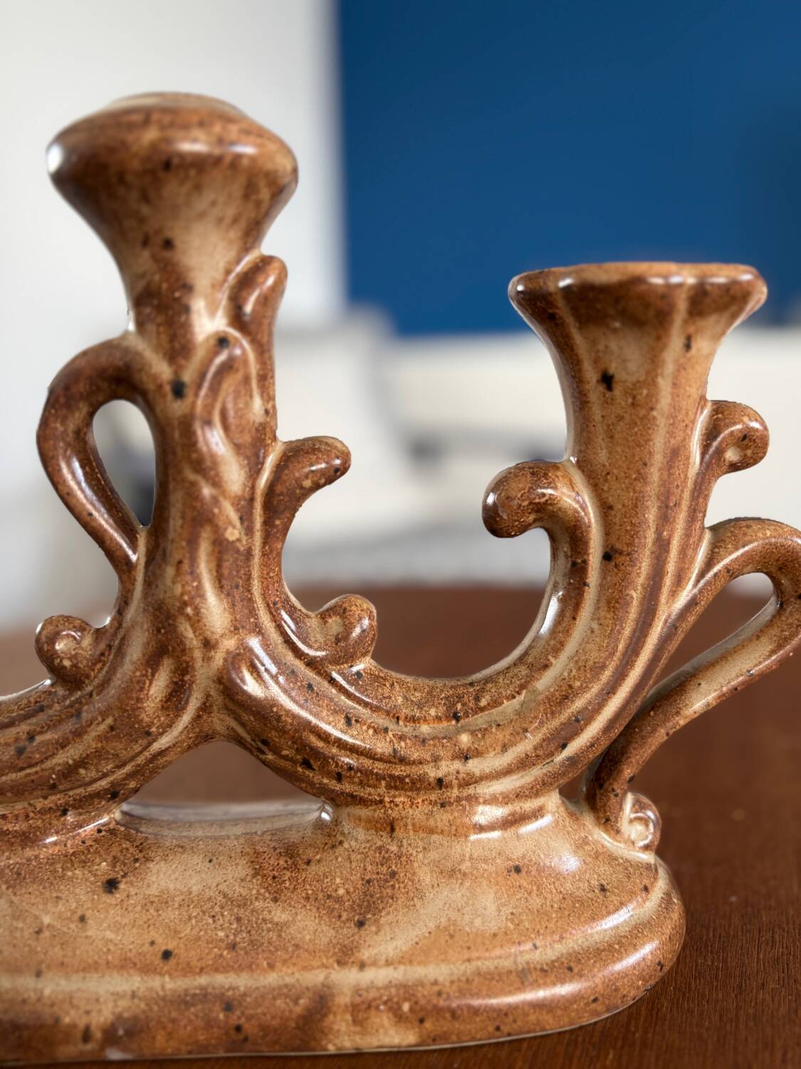 Vintage brown ceramic rustic style candlestick - vintage candle holder