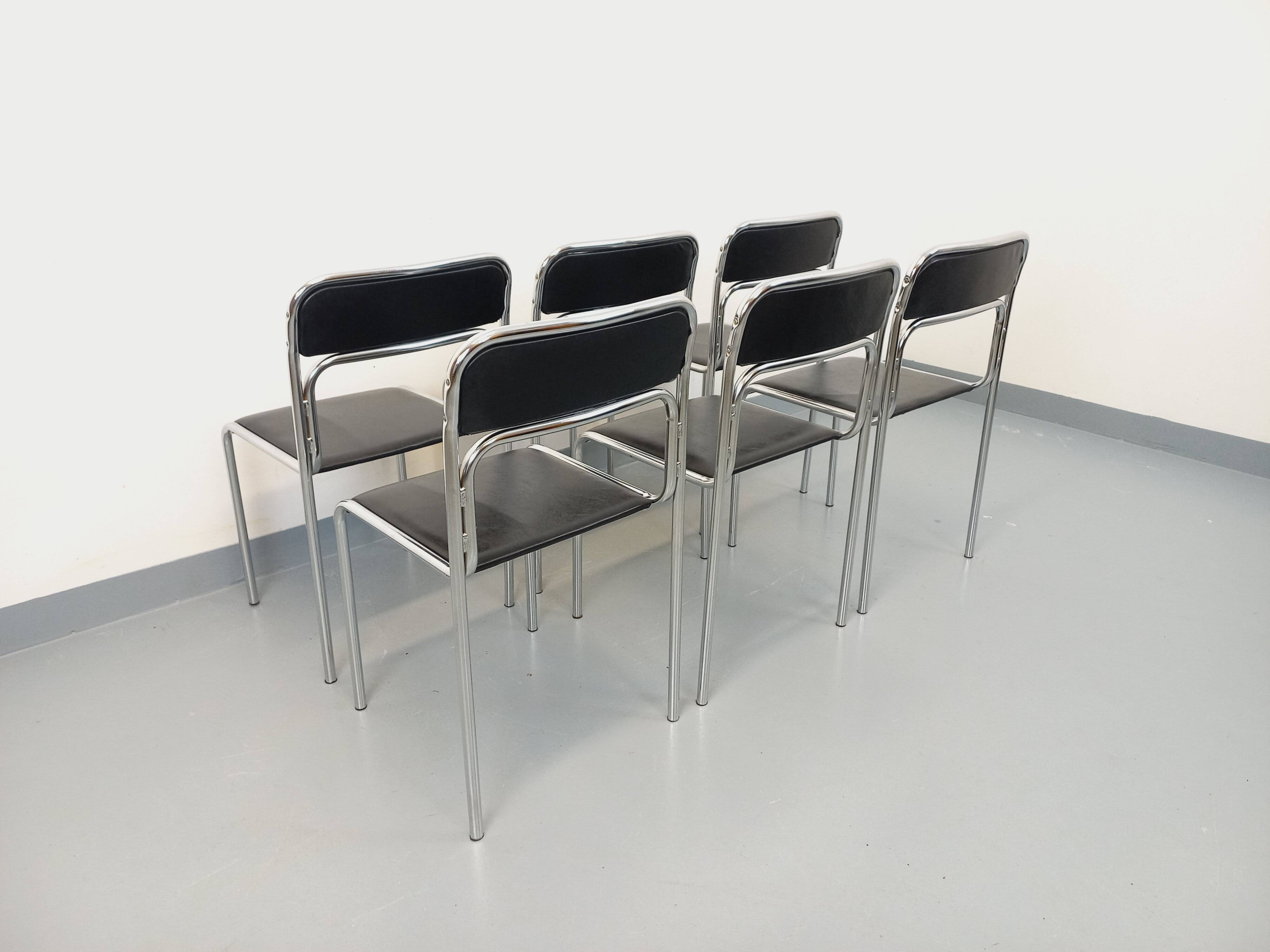 Set of 6 vintage Italian stackable chairs in chrome metal and skai.