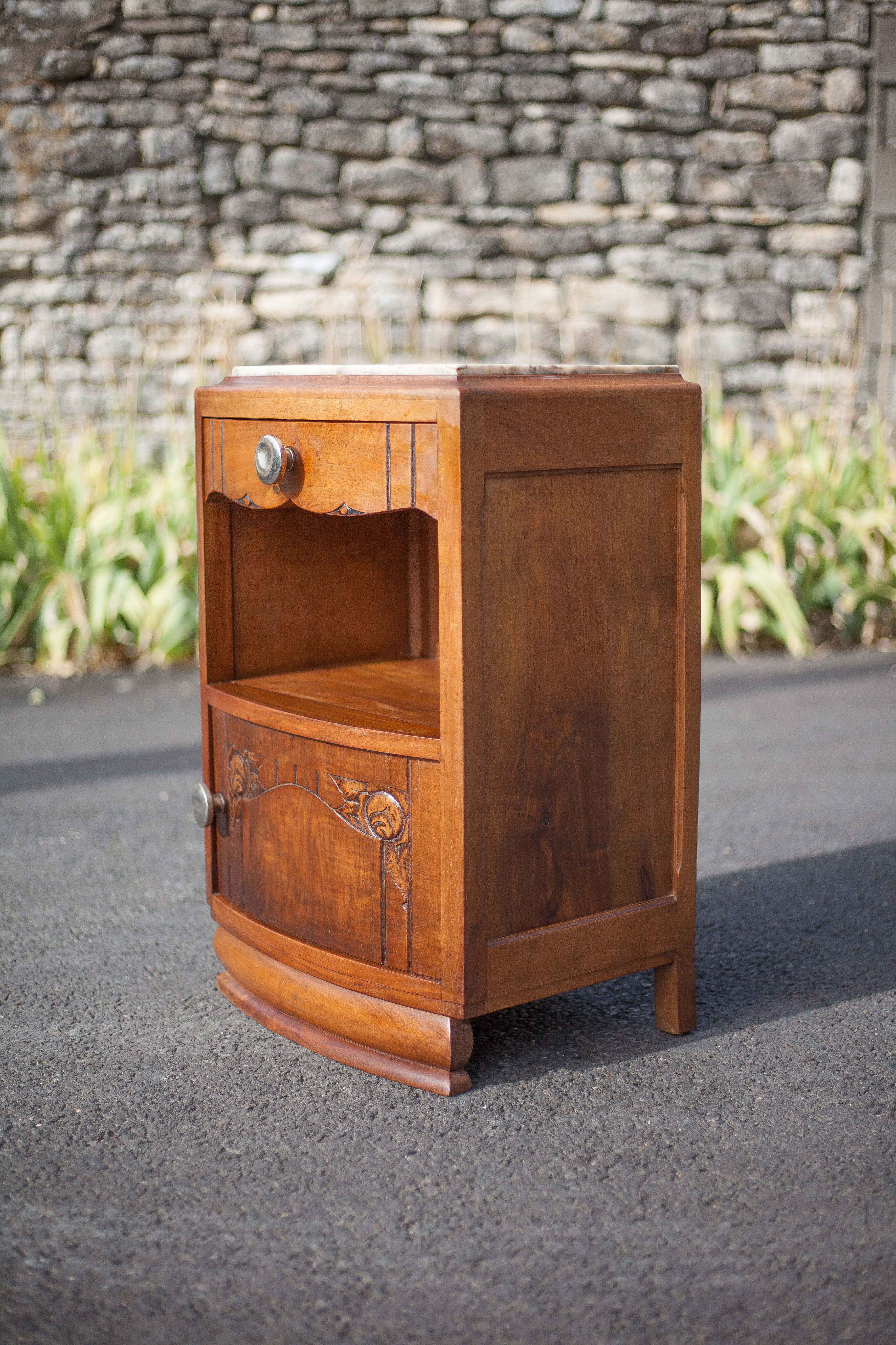 Bedside table, wooden nightstand with marble plate, art deco furniture, vintage furniture
