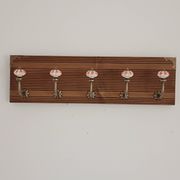 Vintage wall coat rack with 5 ceramic hooks featuring floral patterns - wood