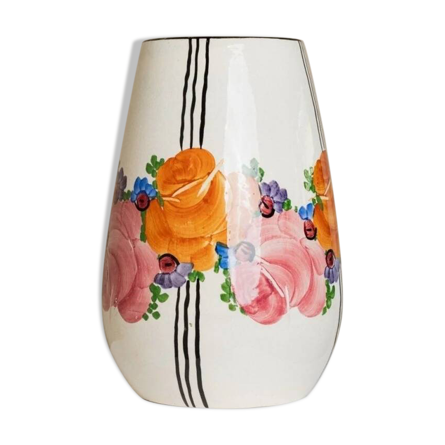 XL ceramic vase Zeh Scherzer - flower and stripe pattern - bulbous shape - hand-painted - Mid-Century design from the 70s