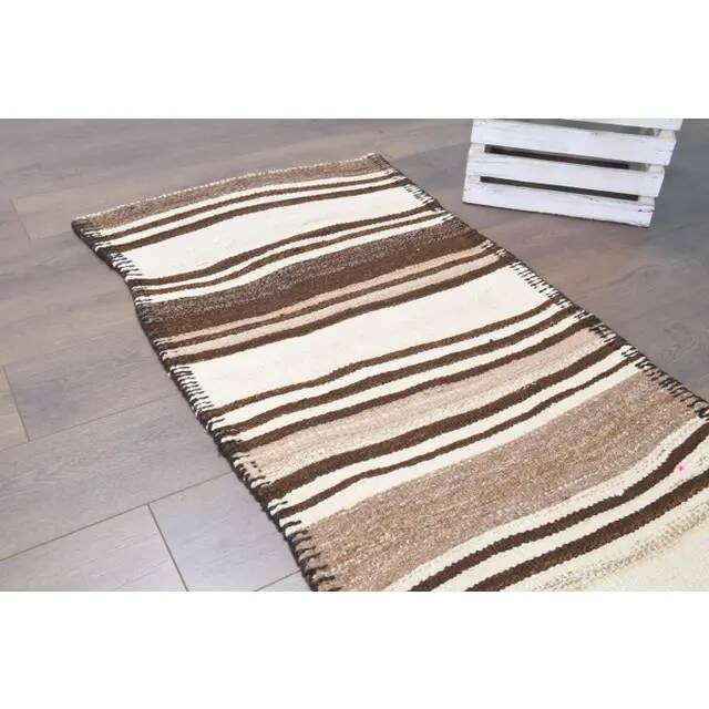 Vintage Turkish Oushak Handmade Cotton Beige Wool Runner Rug 71x275