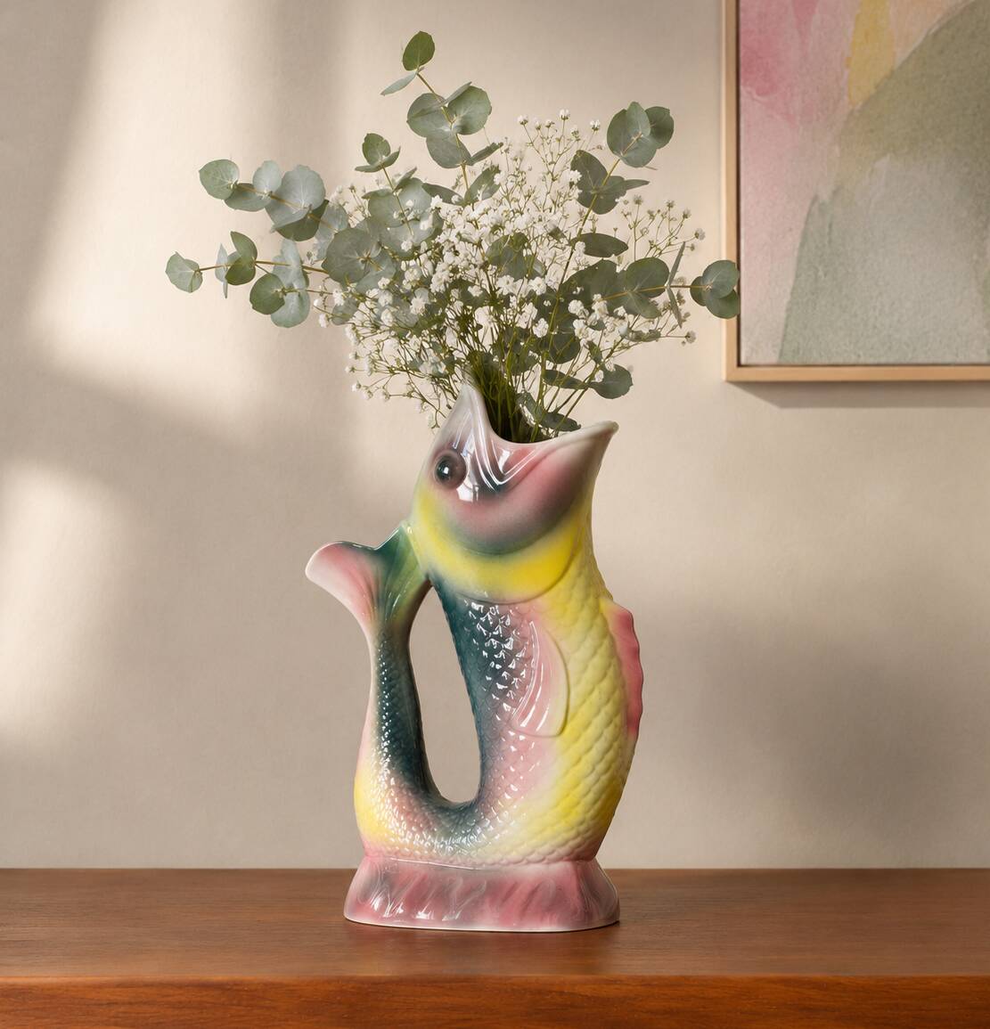 Large antique animal-shaped barbotine vase fish signed KG Lunéville