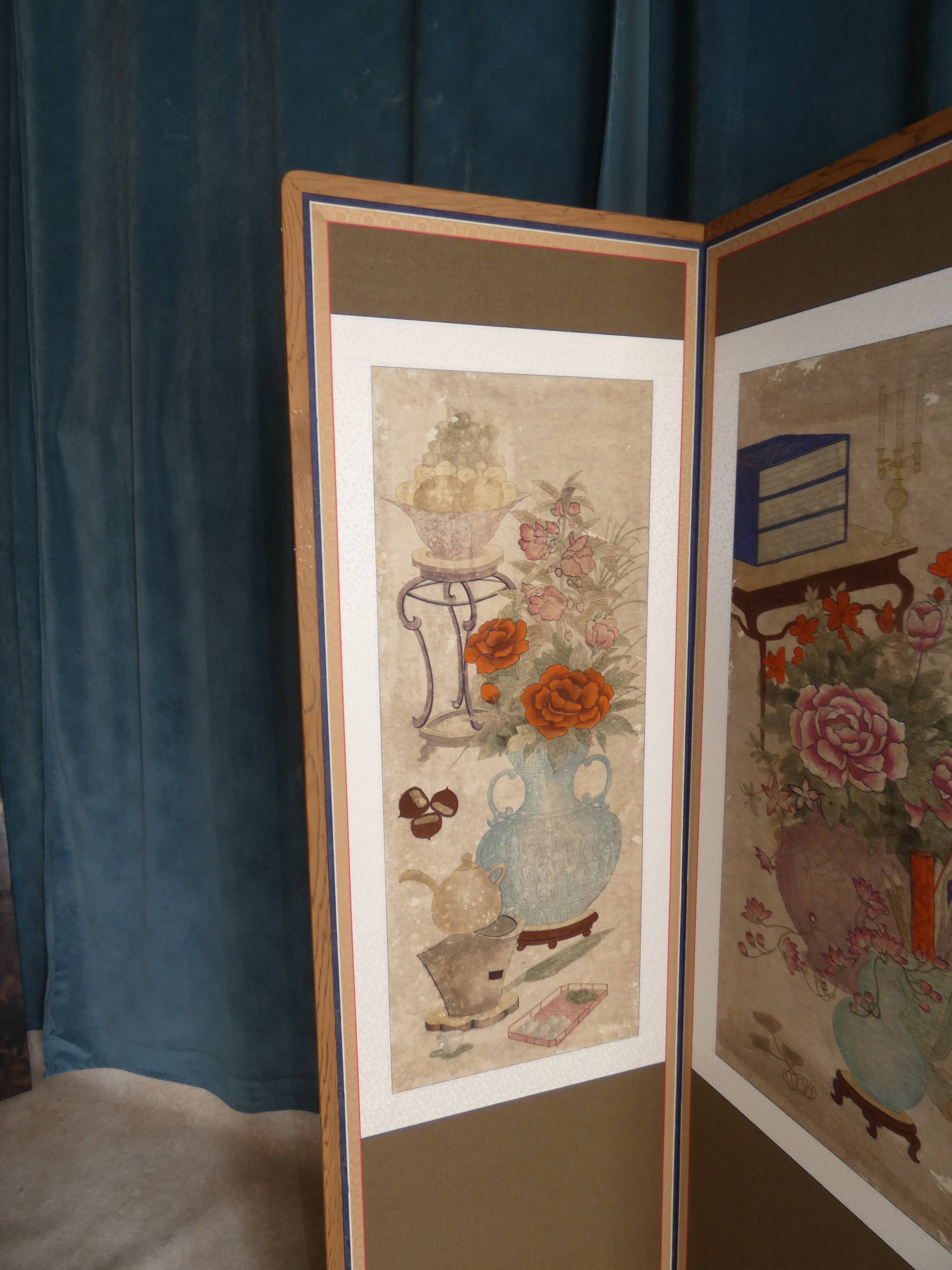 Screen 4 korean pans with flower patterns circa 1950 1970 h 156 l 180