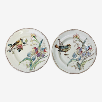 2 Art Nouveau polychrome plates signed Longwy Oiseau and Iris