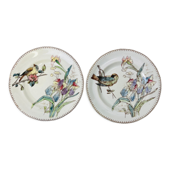2 Art Nouveau polychrome plates signed Longwy Oiseau and Iris