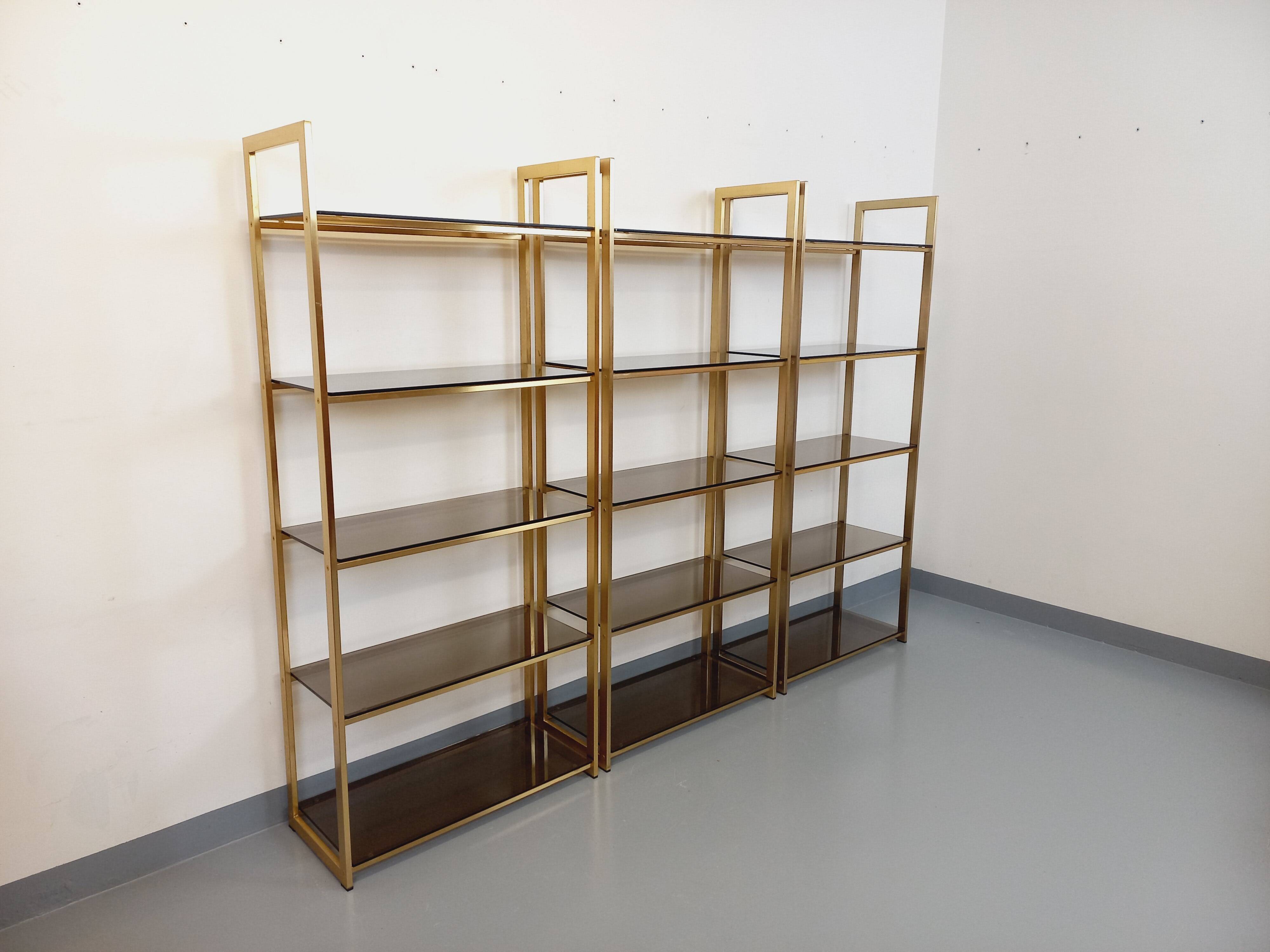 Artelano vintage bookcase shelves in gold metal smoked glass from the 70s