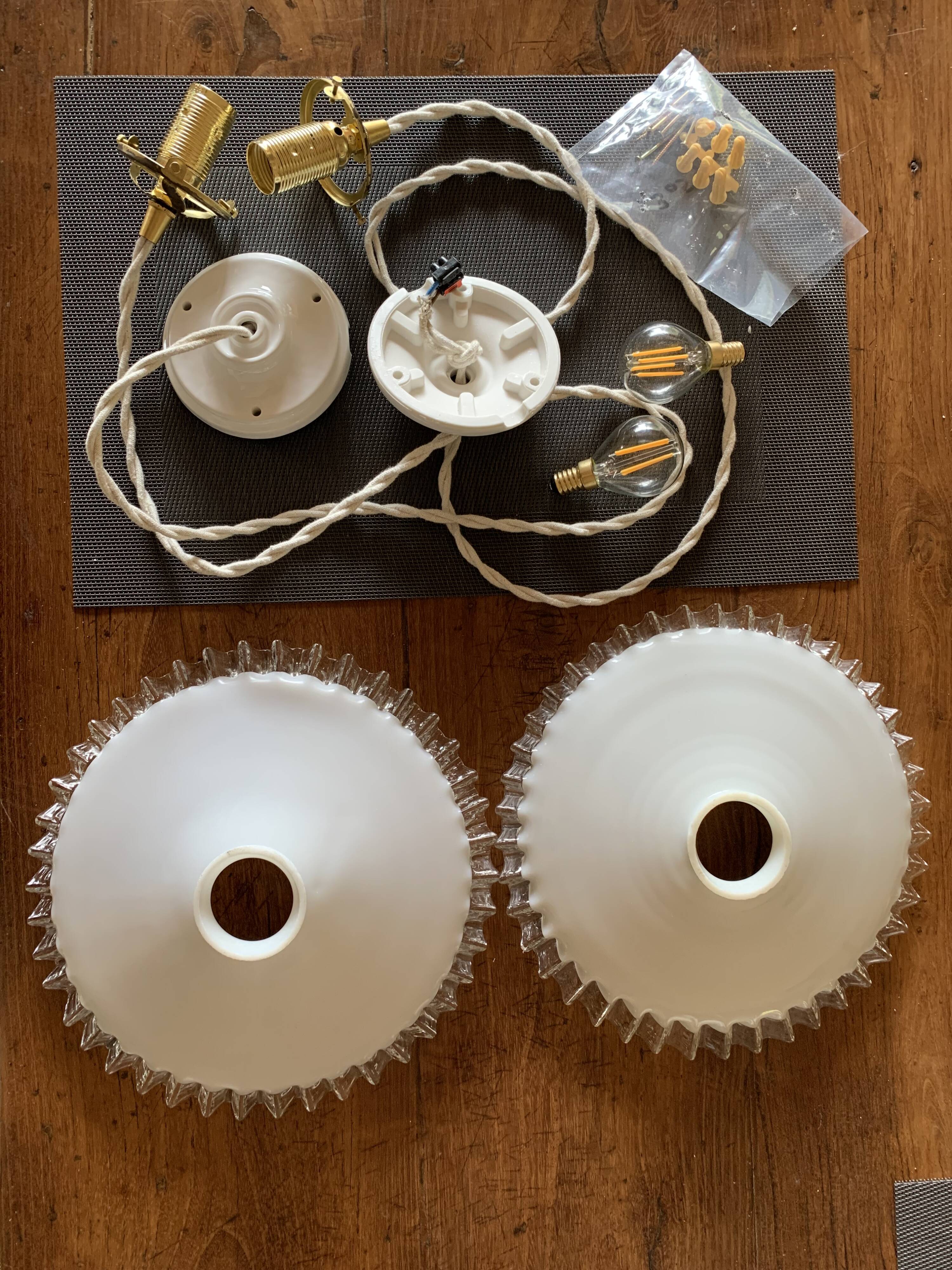 Pair of serrated opaline pendants