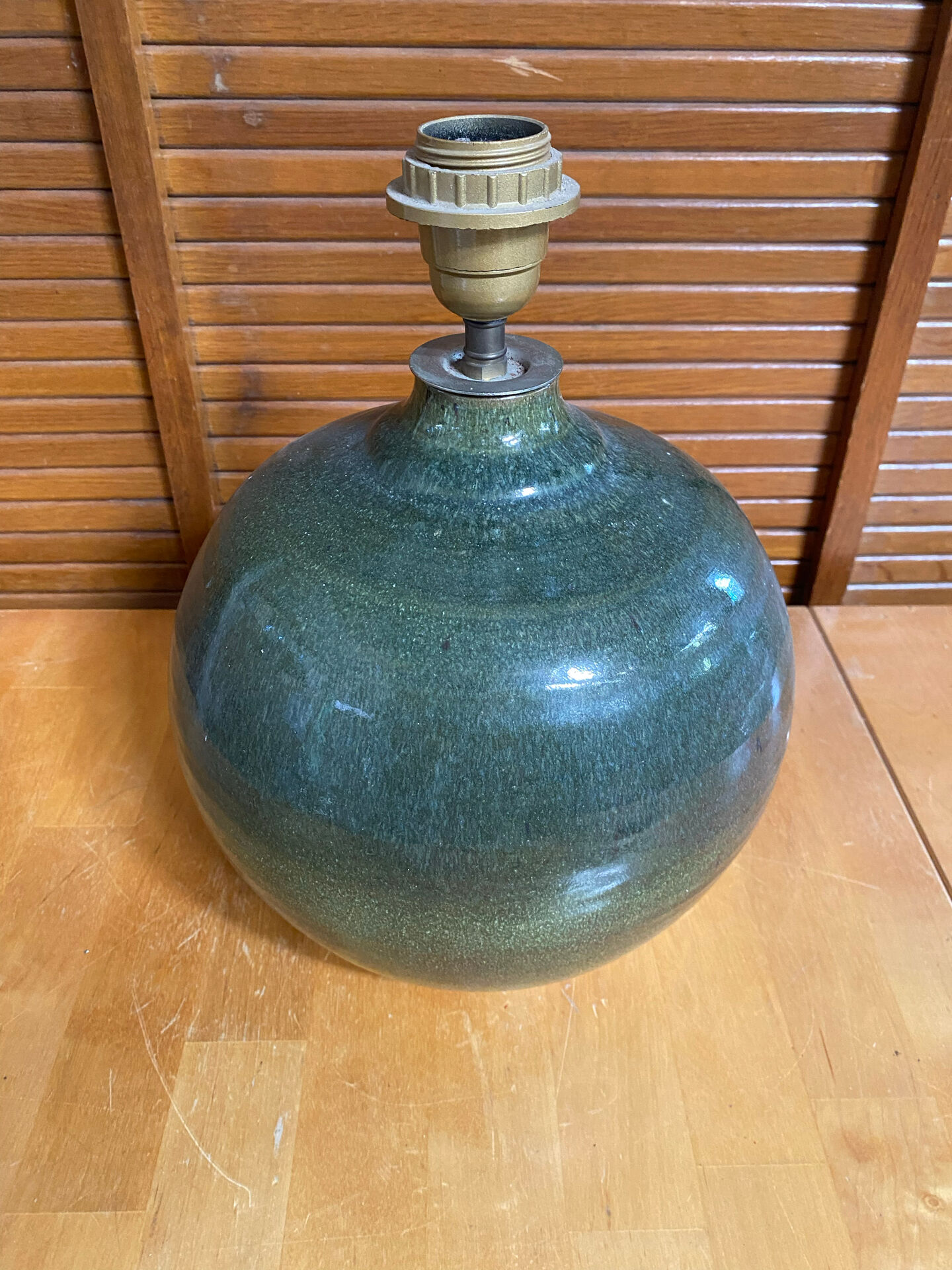 Pied de Lampe Ancien Boule Grès Émaillé Vert Nuancé Années 70 Vintage