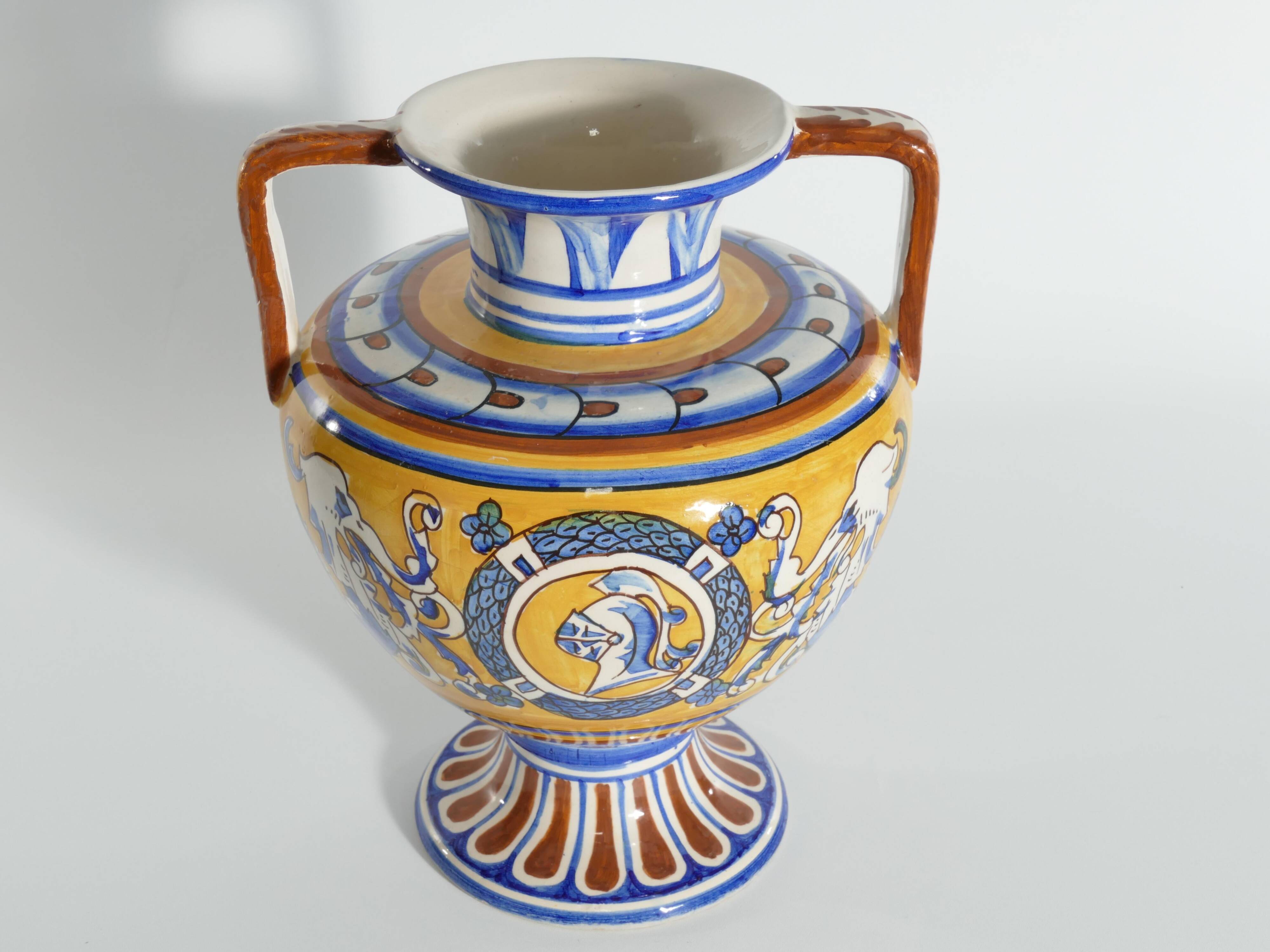 Large Hand-Painted Ceramic Double Handled Vases,  France, Set of 2