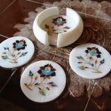 Set of 5 marble and inlaid stone coasters - Artisanal