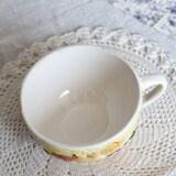 Large vintage earthenware mug with fruit motif and slip details