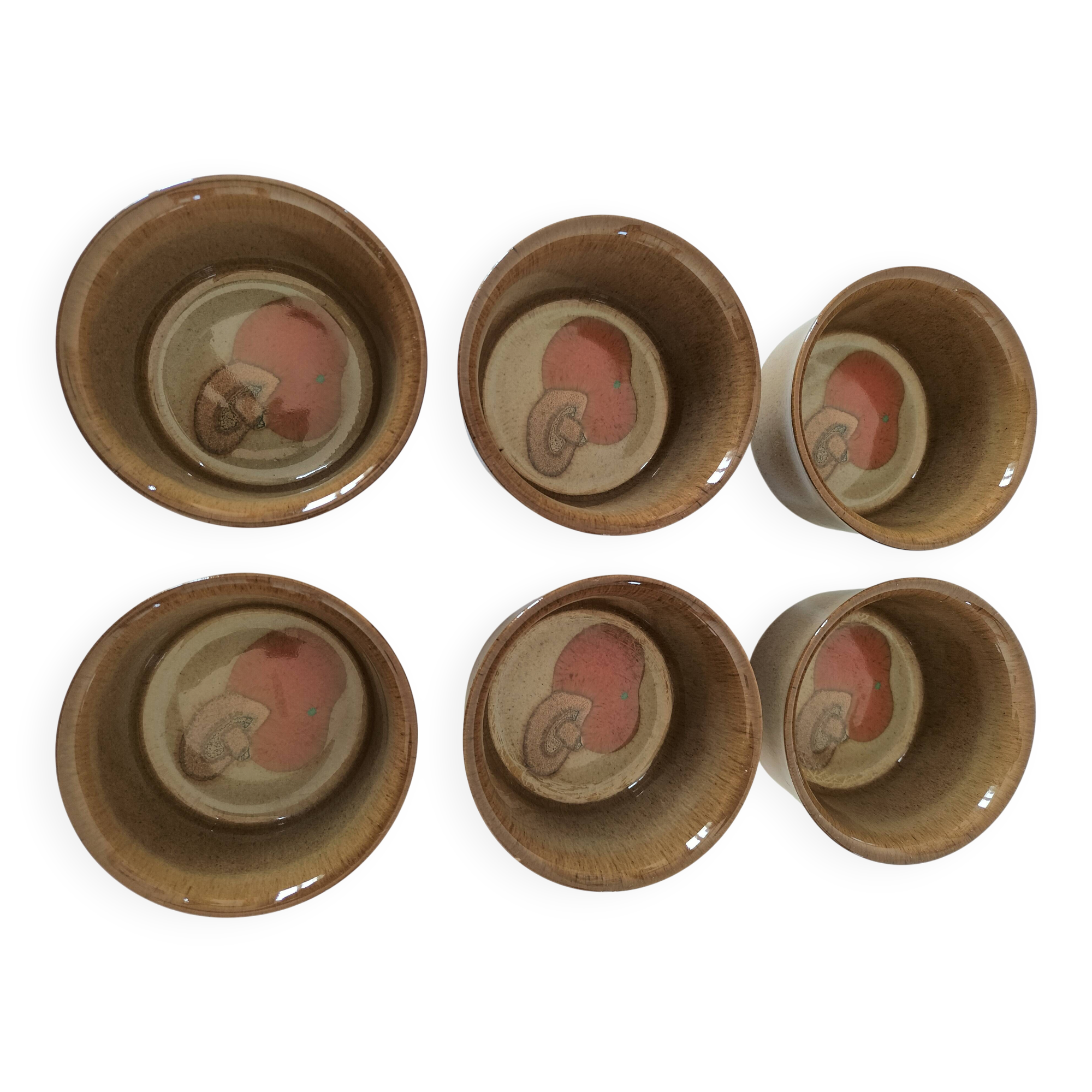 6 Denby stoneware ramekins with mushroom design - 1970s