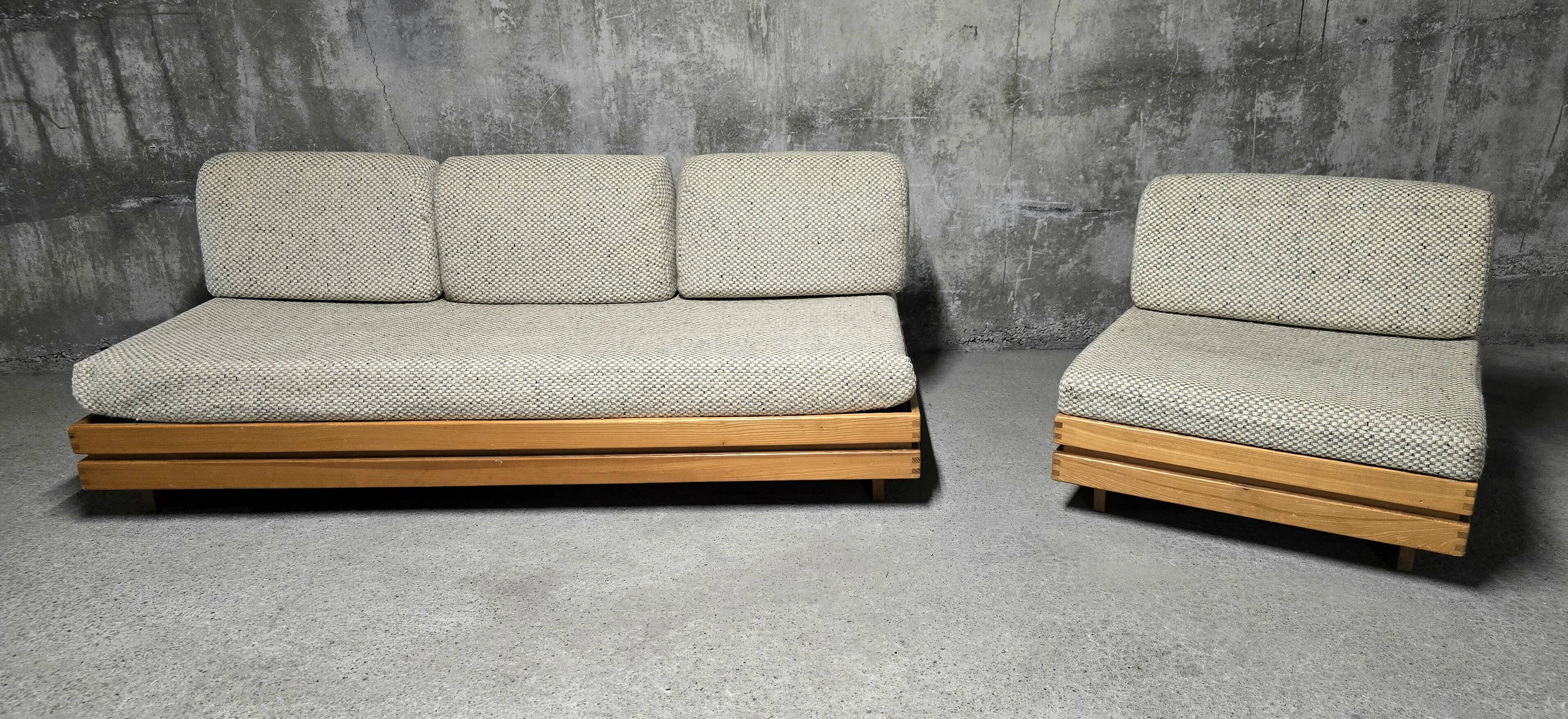 Sofa - daybed and armchair by Maison Regain 60/70 in vintage elm