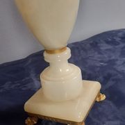 Table lamp, yellow marble and brass foot, silk pagoda lampshade, doubled, vintage, ht 40 cm