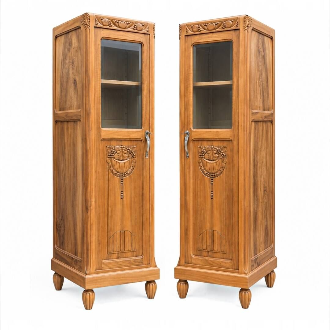 Rare pair of Art Deco glass columns in solid walnut – renovated
