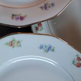 8 porcelain dessert plates with gold rim and various flowers