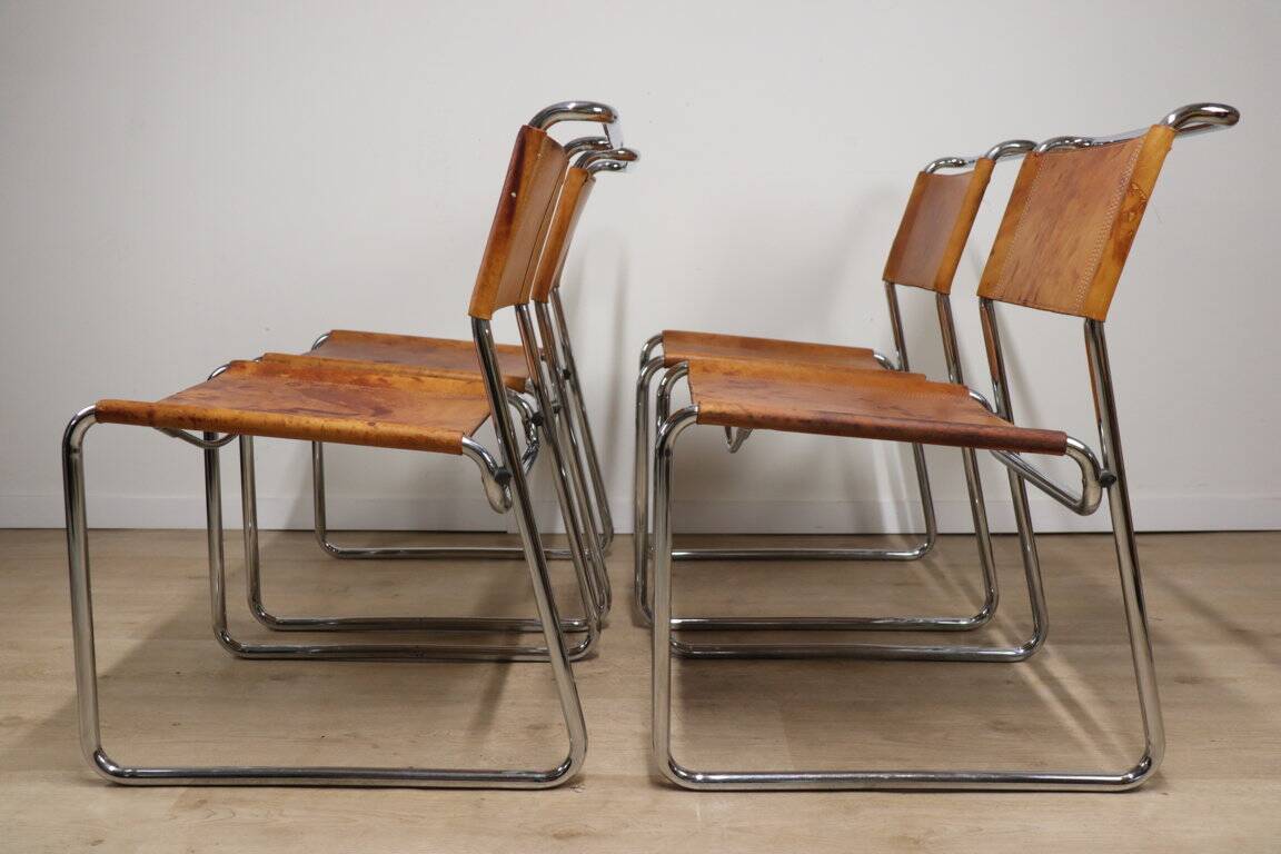 Set of 4 vintage leather and chrome metal chairs, 1970
