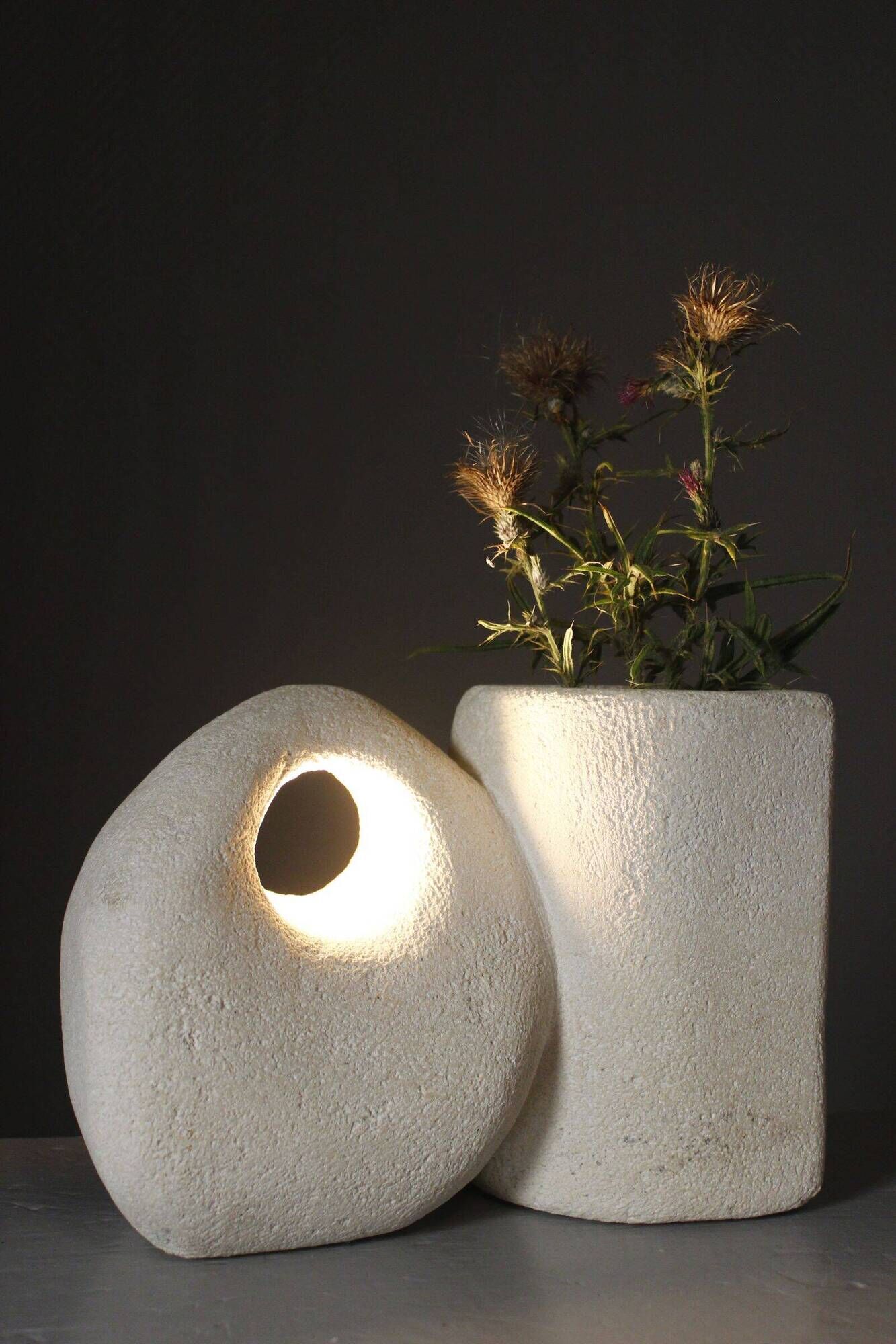 Sculptural vase lamp from Pierre du Gard, carved, 1970s design by Albert Tormos.
