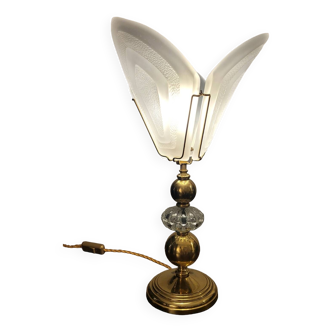 Retro vintage art deco flower lape, golden brass and tulip lily lotus petals in molded glass (80s)