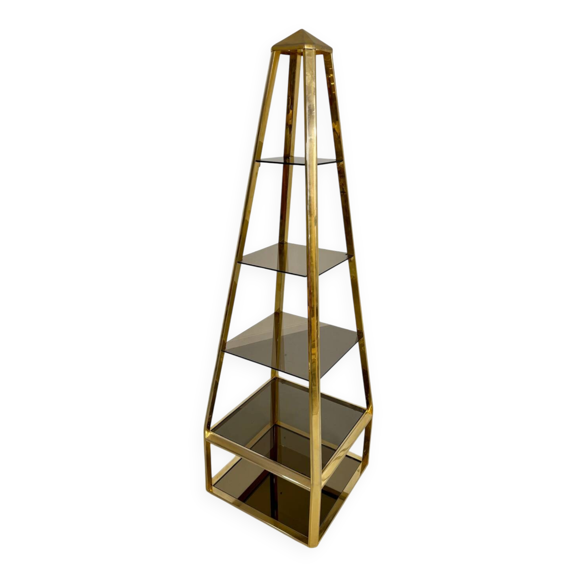 Pyramid Shelf, Hollywood Regency design, Gold Brass, Smoked Glass, 1960s