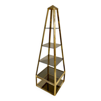 Pyramid Shelf, Hollywood Regency design, Gold Brass, Smoked Glass, 1960s