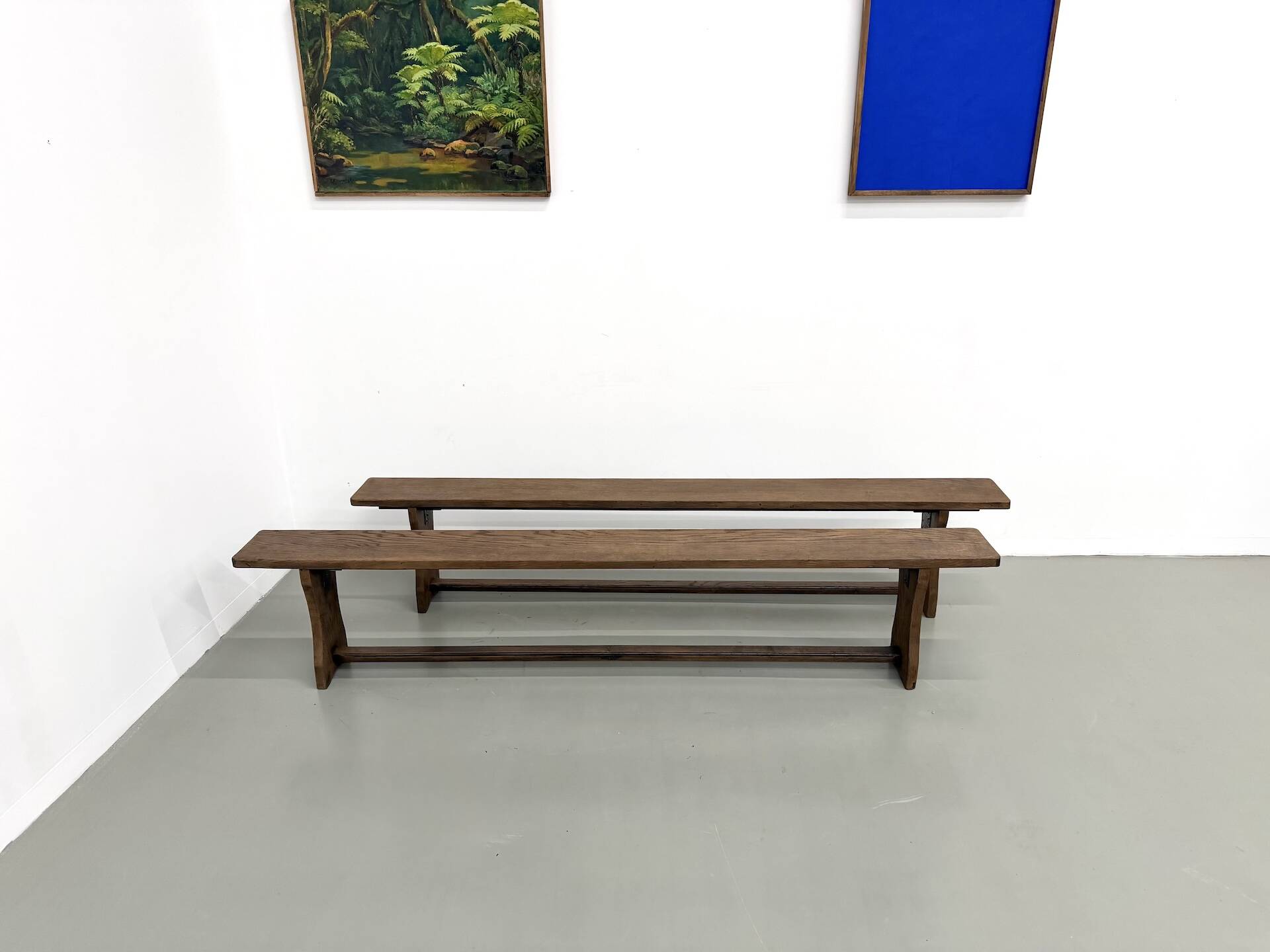 Pair of solid oak benches, winged legs, France, 1970s