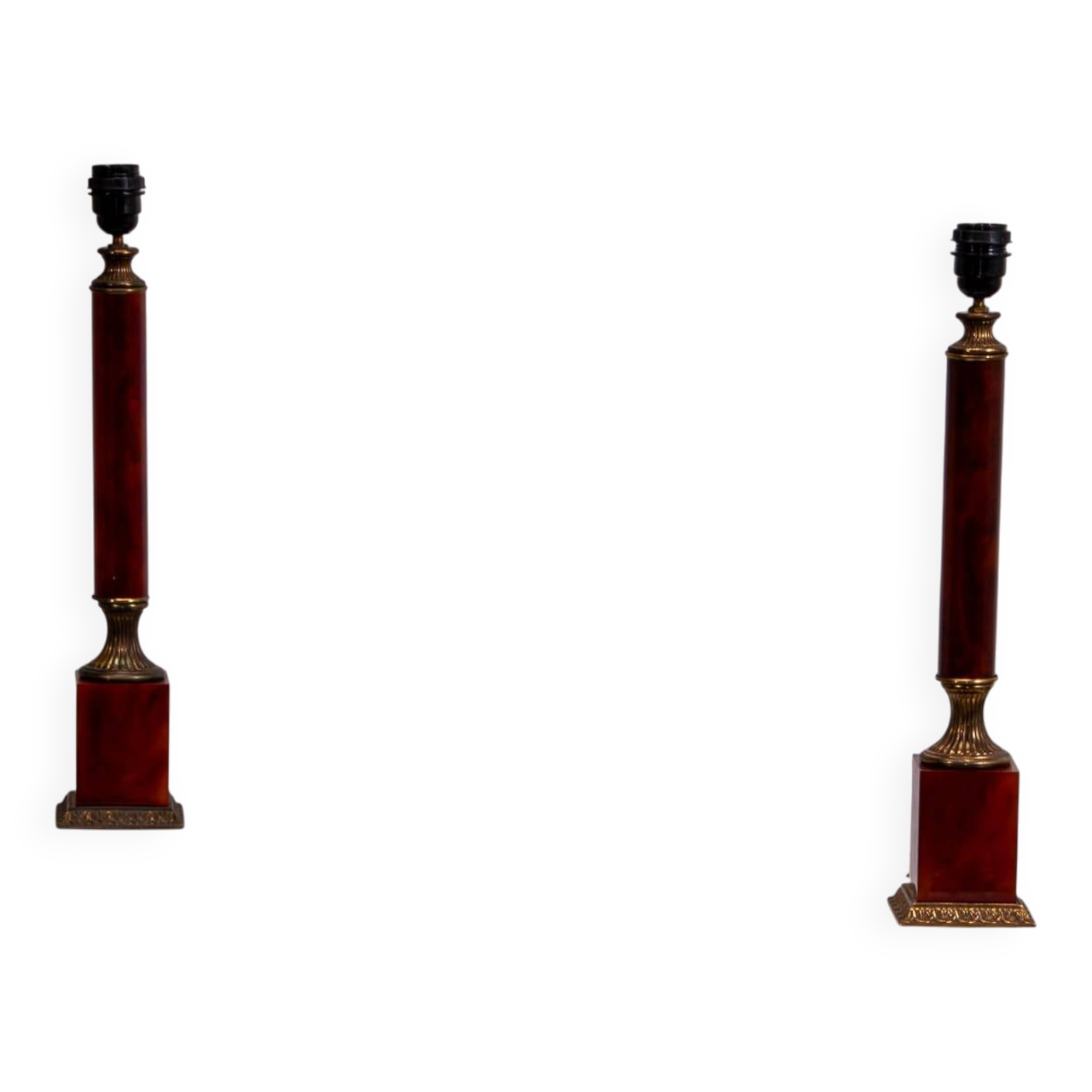 Set of French Empire style lamps made from amber bakelite and brass