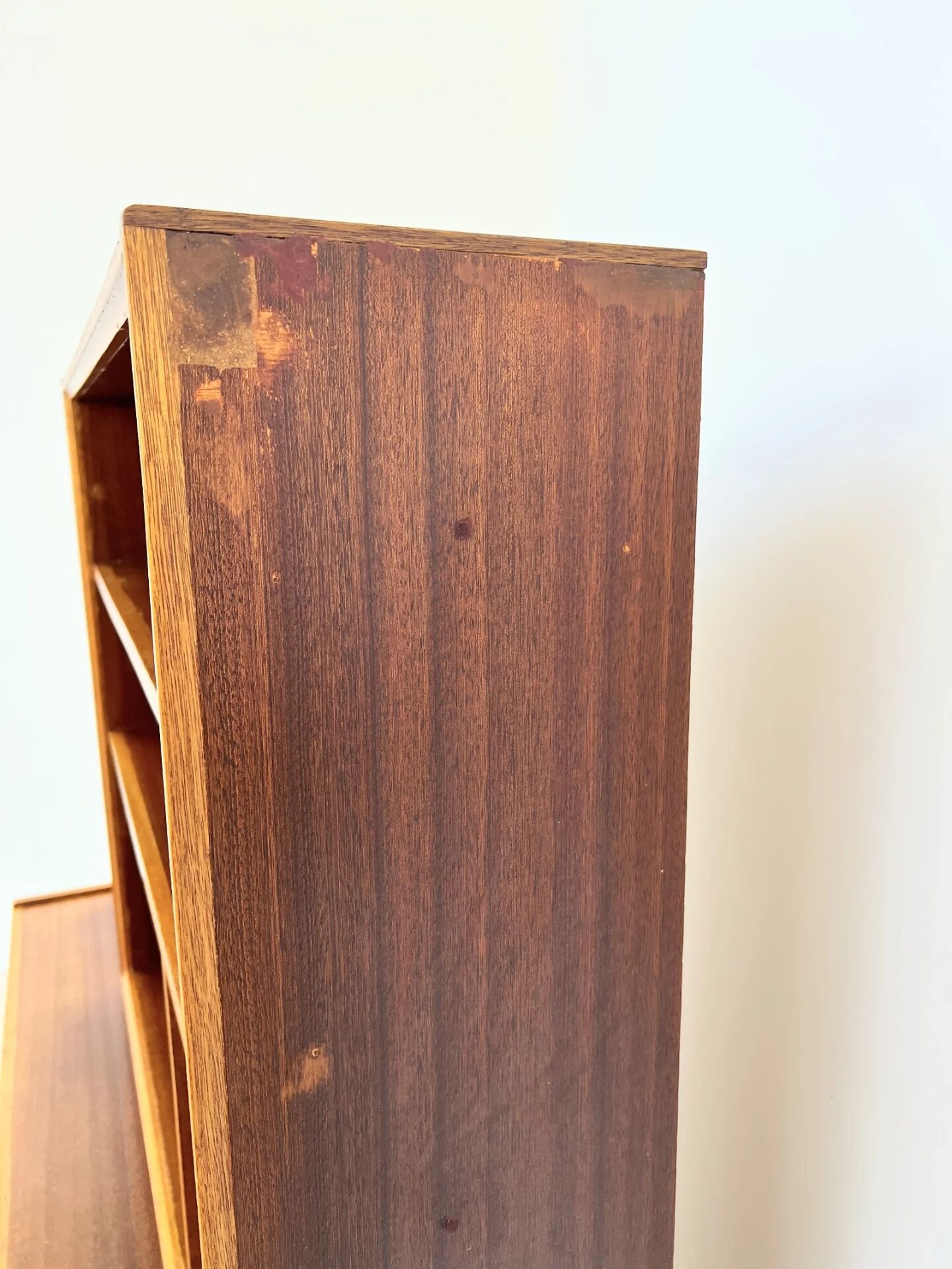 Asymmetrical mahogany bookshelf — 2 offset elements, custom-made, 1960s