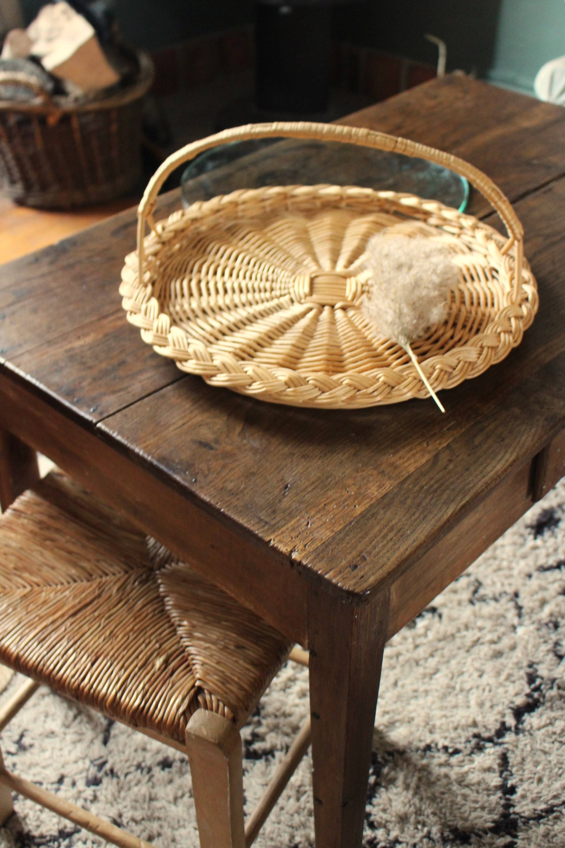 Round wicker and glass tray Anse Vannerie Vintage