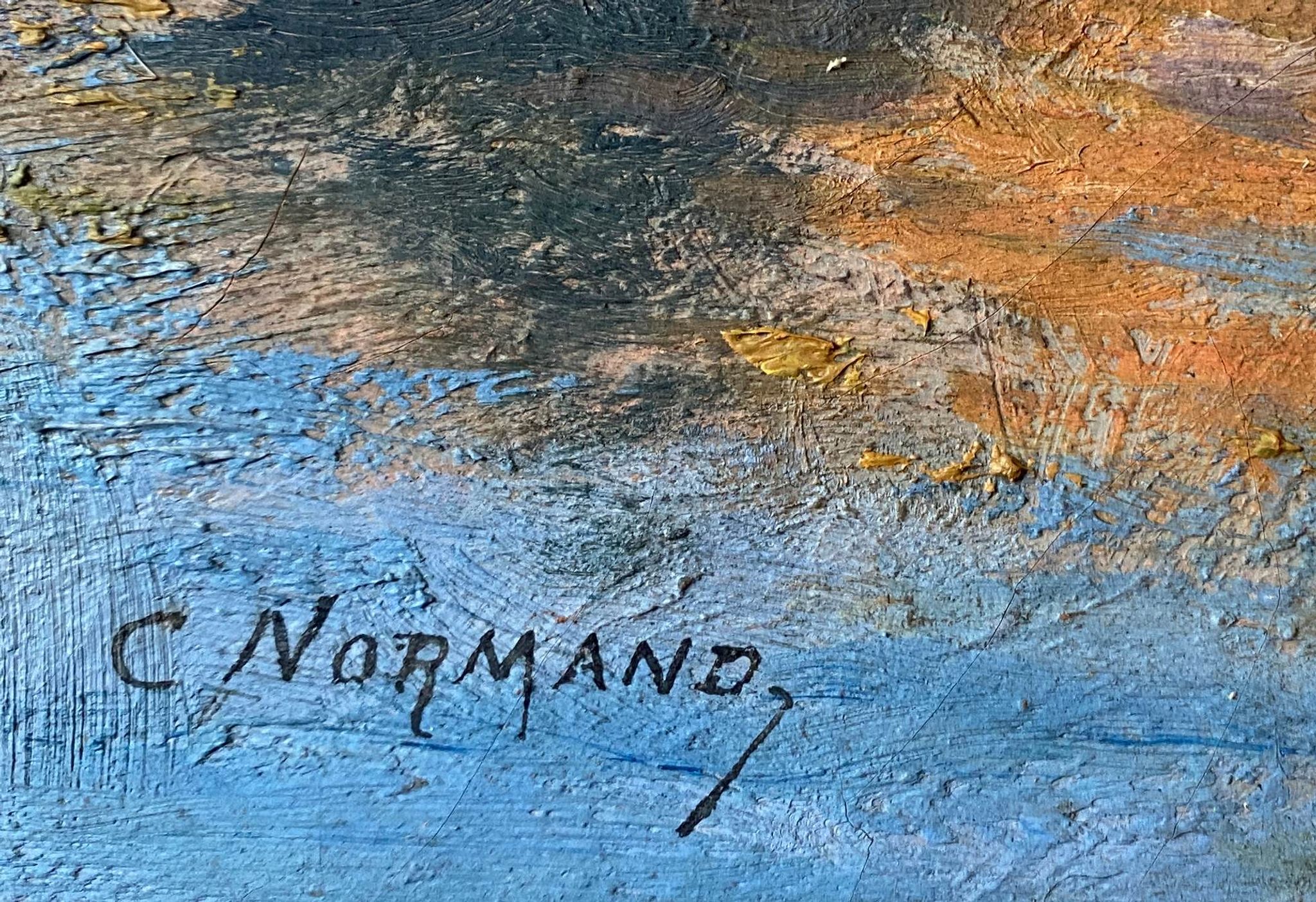 Tableau HST "Maison rouge en bord de rivière" signé C. Normand début XX°